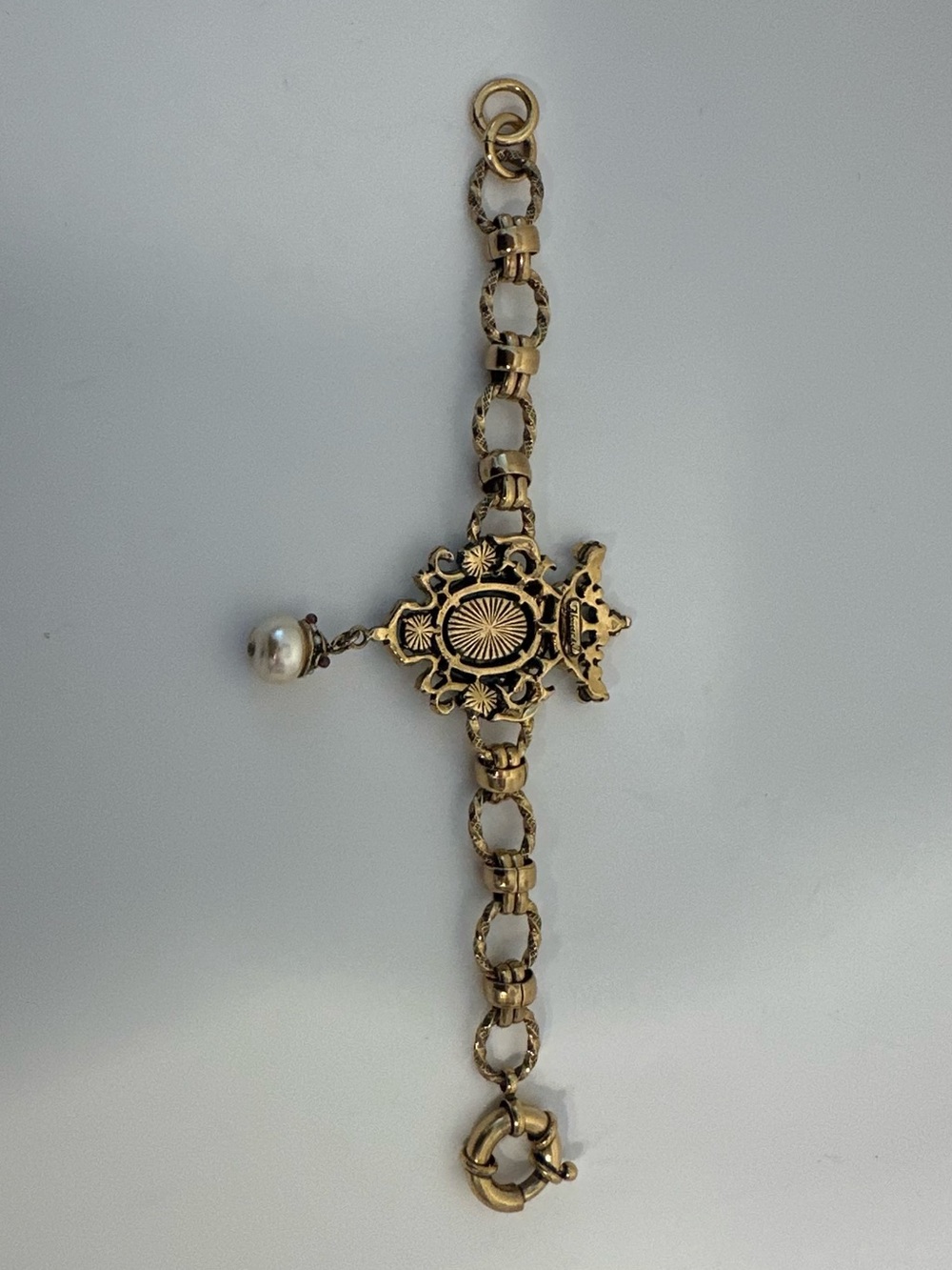 Gold-Tone Crest Bracelet with Red, Green & Pearl Drop - Picture 8 of 12